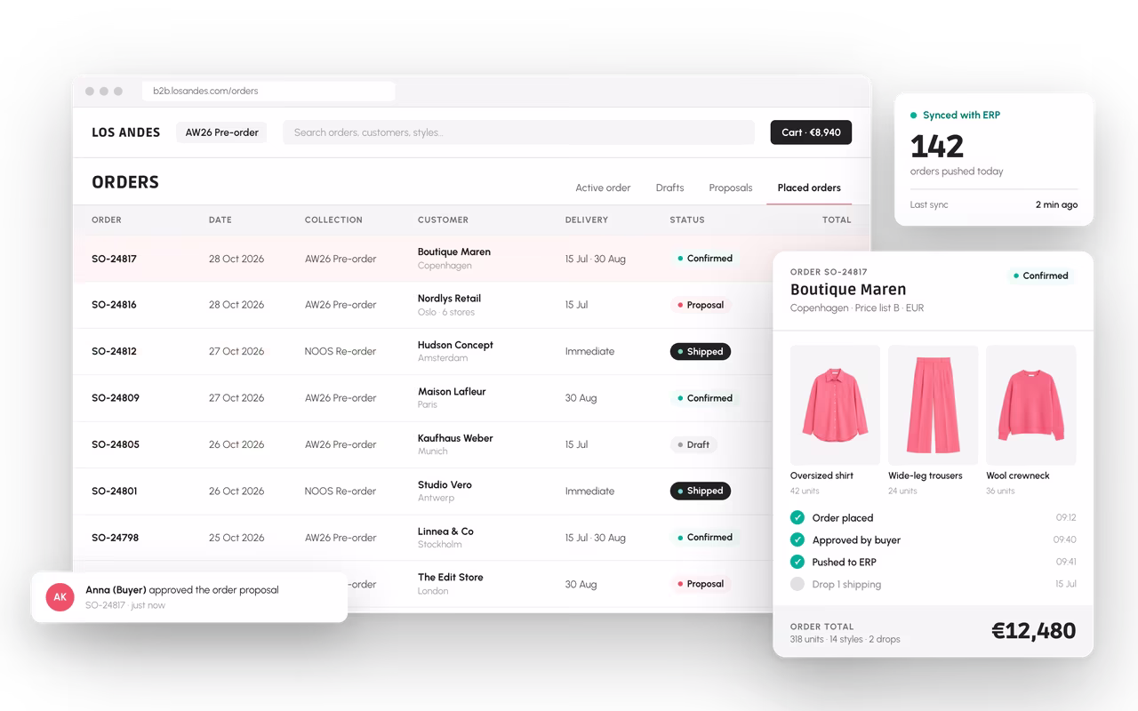 Colect's order overview: orders synced with the ERP, an order approved by the retailer's buyer, and its delivery drops